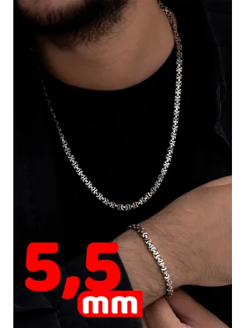 Erkek Gümüş Kolye Bileklik Set - Oksitli Euro Kral Kolye Bileklik Gümüş Set