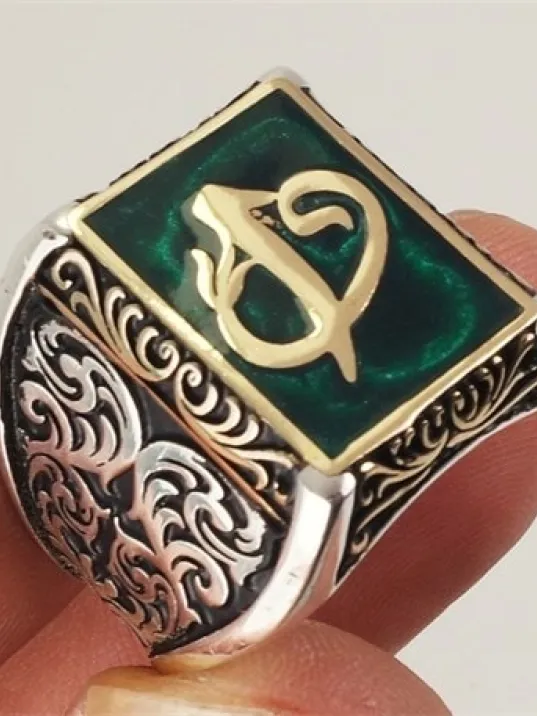 Vav Elif Yeşil Mineli Gümüş Erkek Yüzük