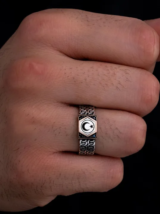 Erkek Gümüş Yüzük - Ay Yıldız Türk Bayrağı İnce Kibar Erkek Yüzük