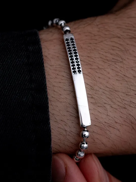 Erkek Gümüş Bileklik - Top Zincirli Siyah Zirkon Taşlı Blok Model Gümüş Bileklik