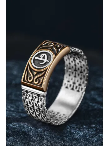 Erkek Gümüş Yüzük - Kral Zincirli Vav Elif İşlemeli Erkek Yüzük