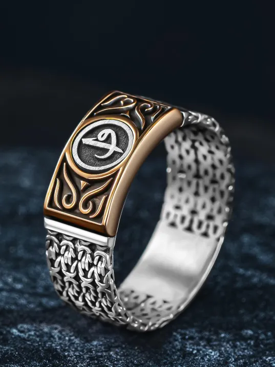 Erkek Gümüş Yüzük - Kral Zincirli Vav Elif İşlemeli Erkek Yüzük