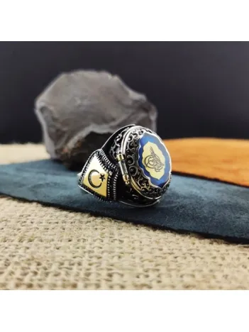 Kişiye Özel Tasarımlı Mavi Mineli Erkek Gümüş Yüzük (İçine Fotoğraf, İsim, Logo Yapılır) GYZGMSGUMSX