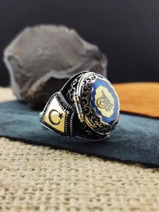 Kişiye Özel Tasarımlı Mavi Mineli Erkek Gümüş Yüzük (İçine Fotoğraf, İsim, Logo Yapılır) GYZGMSGUMSX