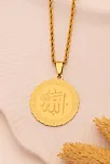 Kadın Çelik Kolye -Altın Kaplama Allah Yazılı Yuvarlak Model Çelik Kolye