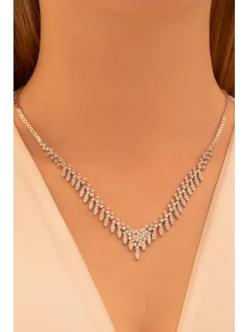 Kadın Gümüş Kolye - Nigar Zirkon Taşlı Yaprak Model Kadın Kolye