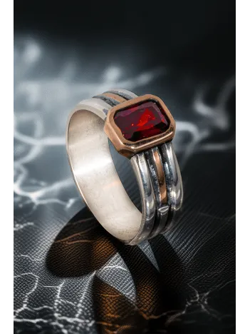 Erkek Gümüş Yüzük - Kırmızı Yakut Taşlı İnce Kibar Erkek Yüzüğü