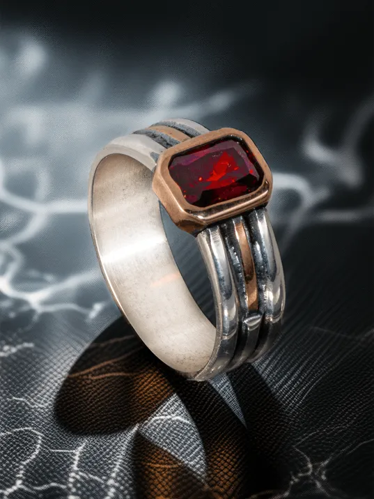 Erkek Gümüş Yüzük - Kırmızı Yakut Taşlı İnce Kibar Erkek Yüzüğü