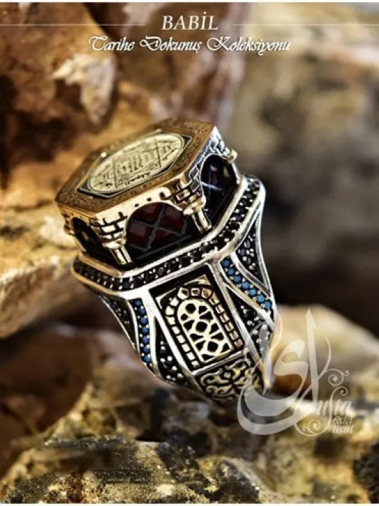 İslam Usta Tasarımı Babil Temalı Gümüş Erkek Yüzük