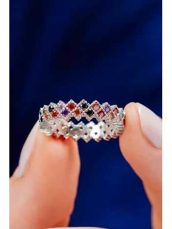 Kadın Gümüş Yüzük - Renkli Zirkon Taşlı Çift Sıra Tamtur Gümüş Yüzük