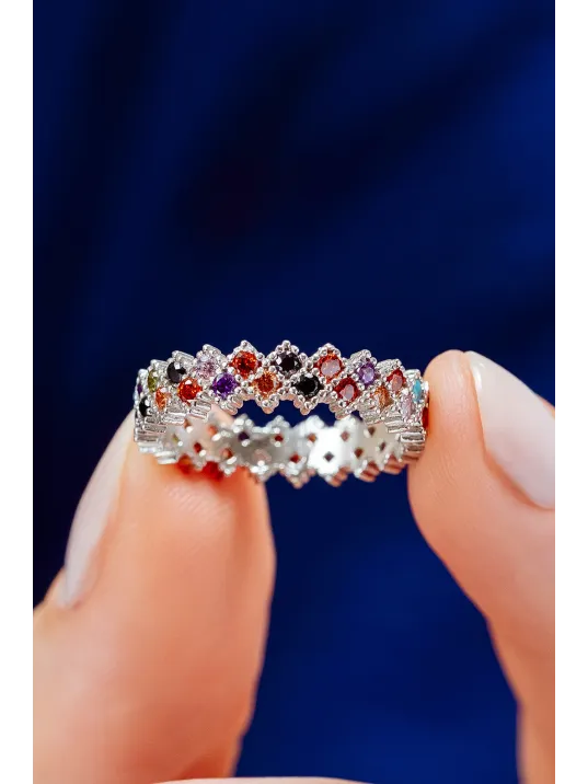 Kadın Gümüş Yüzük - Renkli Zirkon Taşlı Çift Sıra Tamtur Gümüş Yüzük