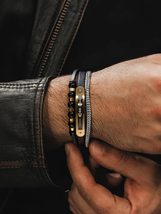 Doğal Oniks Taşlı Deri Çelik 3 lü Erkek Bileklik Altın Kaplama Renk Çapa Motifli