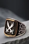 Erkek Gümüş Yüzük - Çift Zülfikar Yanı İşlemeli 925 Ayar Gümüş Yüzük