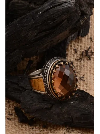 Zirkon Taşlı Yanı İşlemeli Erkek Gümüş Yüzük GYZZRCNTASL-TPR