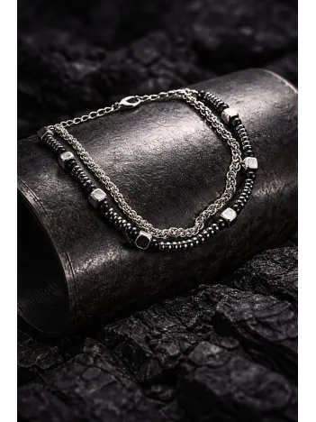 Erkek Çelik Bileklik - Çift Sıra Model 2 Yuvarlak Kral Zincir Doğal Hematit Taşlı Bileklik