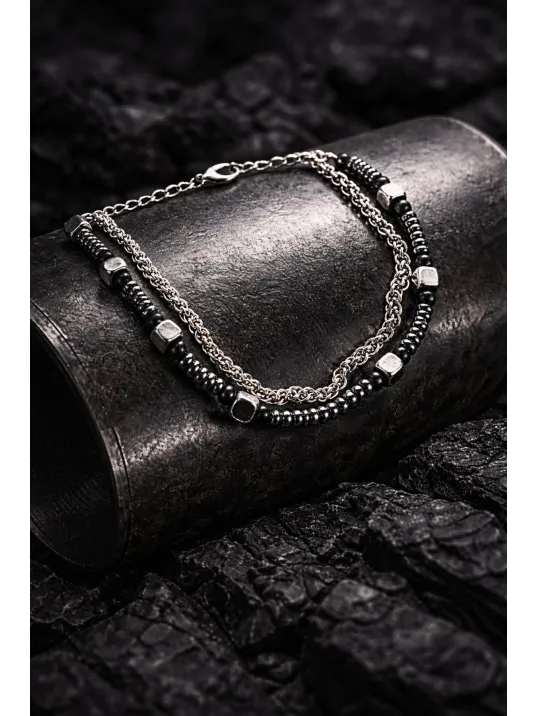 Erkek Çelik Bileklik - Çift Sıra Model 2 Yuvarlak Kral Zincir Doğal Hematit Taşlı Bileklik