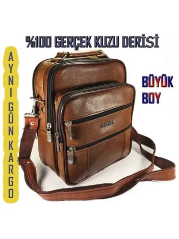 Güderi Marka Taba Renk Hakiki Deri Erkek Deri Çanta Çelik Kasalı Büyük Boy