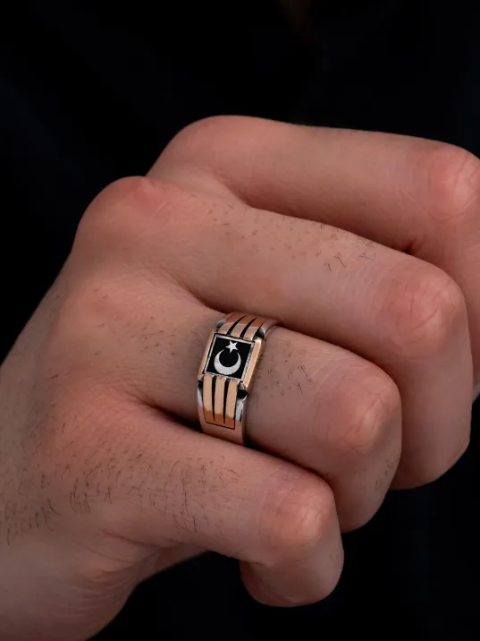 Erkek Gümüş Yüzük - Ay Yıldız Bayrak Model İnce Kibar Erkek Yüzüğü