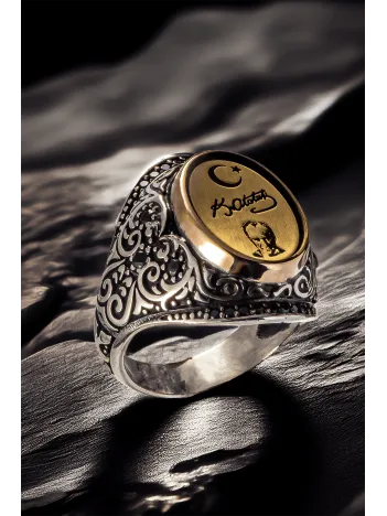 Erkek Mustafa Kemal Atatürk İmzalı Türk Bayrağı Zirkon Taşlı Gümüş Yüzük