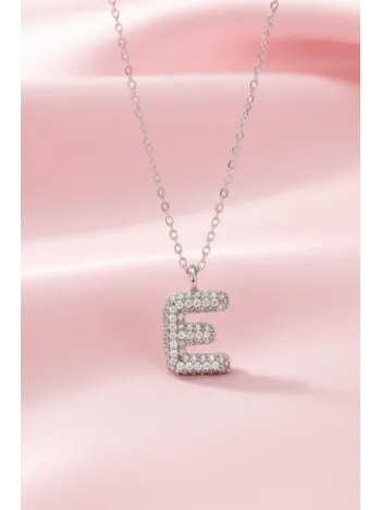 Kadın Gümüş Kolye - 925 Ayar Zirkon Taşlı Balon E Harfi Bayan Kolye