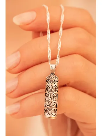 Hatlı Gümüş Kadın Cevşen Muska Kolye Zincir