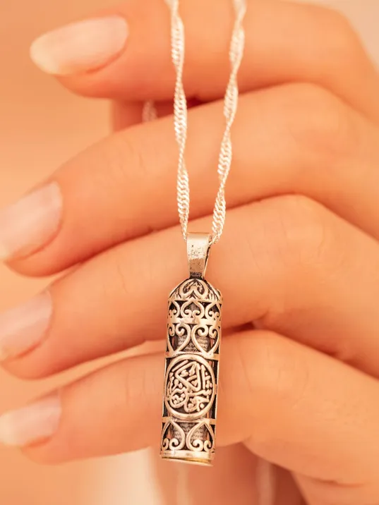 Hatlı Gümüş Kadın Cevşen Muska Kolye Zincir