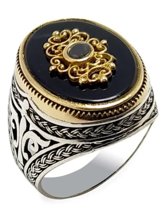 Otantik Motifli Siyah Taşlı Erkek Gümüş Yüzük Otantik Motifli Siyah Taşlı Erkek Gümüş Yüzük