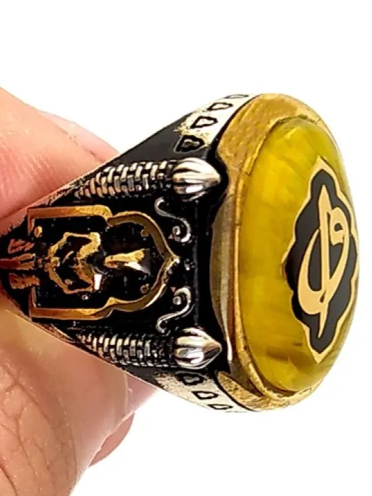 Elif Vav Yazılı Sıkma Kehribar Gümüş Erkek Yüzük