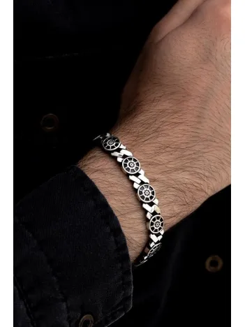 Erkek Gümüş Bileklik - Dümen Motifli Yuvarlak Model Gümüş Bileklik