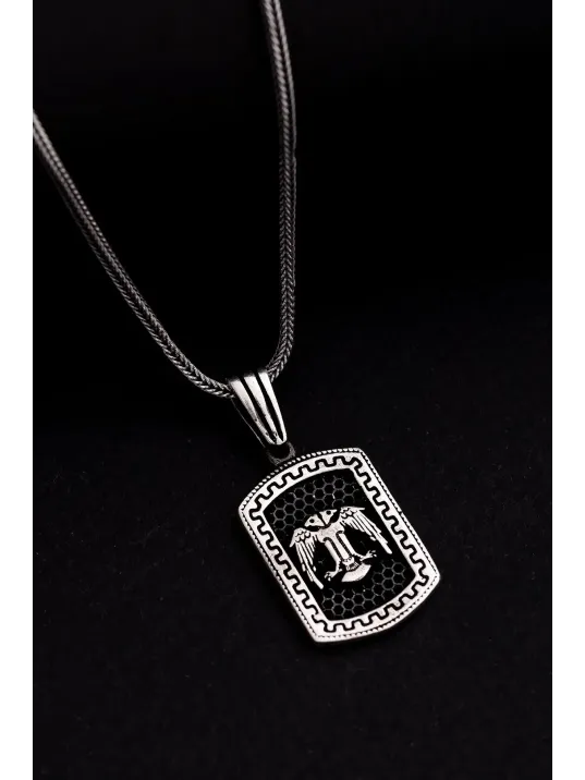 Erkek Gümüş Kolye - Grek Desenli Çift Başlı Kartal Model Gümüş Erkek Kolye