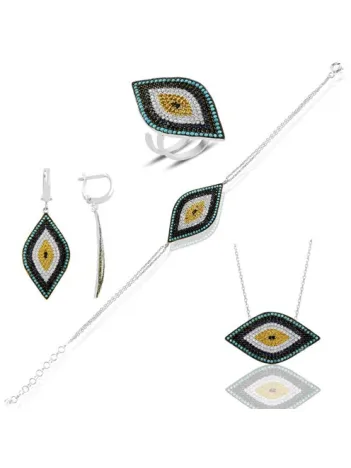 Nazarlık Motifli Büyük Boy Full Set Bayan Gümüş Kolye Bileklik Yüzük Küpe Takı Seti