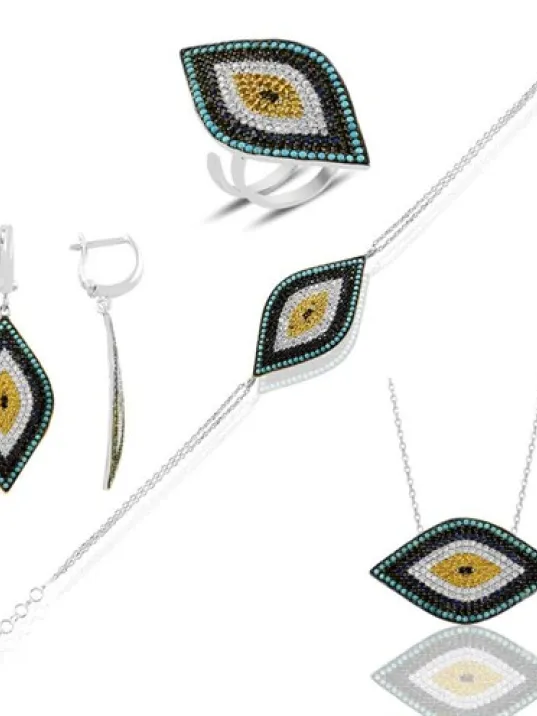 Nazarlık Motifli Büyük Boy Full Set Bayan Gümüş Kolye Bileklik Yüzük Küpe Takı Seti