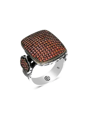 Kayla Turuncu Zirkon Yanı Taşlı Özel Seri Erkek Gümüş Yüzük