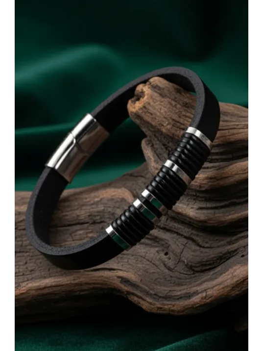 Erkek Çelik Bileklik - Siyah Deri Model Siyah Kesik Spiral Desenli Erkek Bileklik