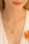 Kadın Gümüş Kolye - Zirkon Taşlı Turuncu Çiçek Motifli Rose Altın Kaplama Gümüş Kolye