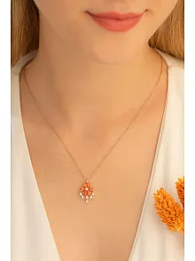 Kadın Gümüş Kolye - Zirkon Taşlı Turuncu Çiçek Motifli Rose Altın Kaplama Gümüş Kolye