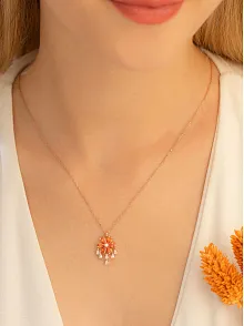 Kadın Gümüş Kolye - Zirkon Taşlı Turuncu Çiçek Motifli Rose Altın Kaplama Gümüş Kolye