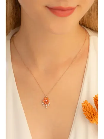 Kadın Gümüş Kolye - Zirkon Taşlı Turuncu Çiçek Motifli Rose Altın Kaplama Gümüş Kolye