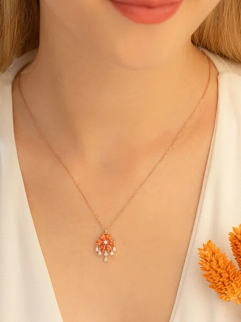 Kadın Gümüş Kolye - Zirkon Taşlı Turuncu Çiçek Motifli Rose Altın Kaplama Gümüş Kolye