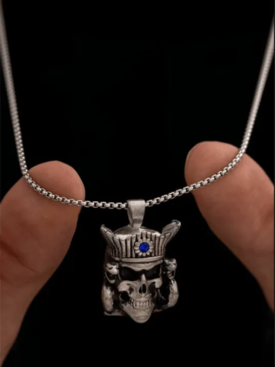 Erkek Kolye - Iskelet Korsan Figürlü Zirkon Taşlı Erkek Çelik Kolye - 316 L Paslanmaz Çelik