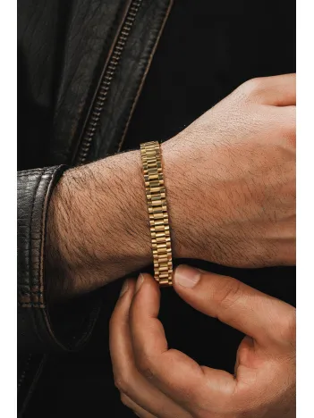 Erkek Çelik Bileklik - Saat Kordonu Stil 18 Ayar Gerçek Altın Kaplama Erkek Bileklik