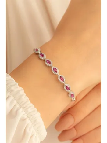 Kadın Gümüş Bileklik -Yakut ve Zirkon Taşlı Oval Model Gümüş Bileklik