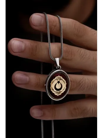 Erkek Çift Taraflı Ayyıldız ve Tuğra Figürlü Gümüş Kehribar Kolye