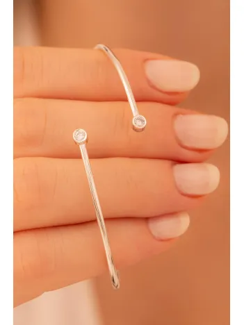 Kadın Gümüş Bileklik - Kadın Kelepçe - El Yapımı Gümüş Çift Zirkon Taşlı Zarif İnce Kadın Bileklik