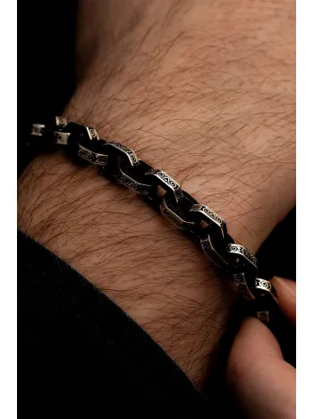 Erkek Gümüş Bileklik - Oksitli Desenli Forse Model Gümüş Bileklik Künye