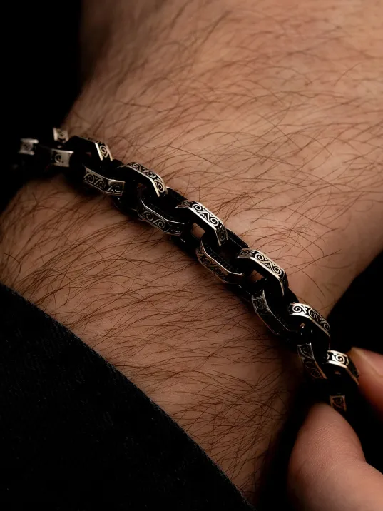 Erkek Gümüş Bileklik - Oksitli Desenli Forse Model Gümüş Bileklik Künye