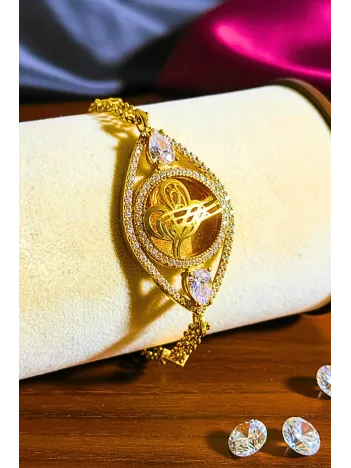 Kadın Gümüş Bileklik - Altın Kaplama Osmanlı Tuğrası Motifli Damla Model Zirkon Taşlı Bileklik