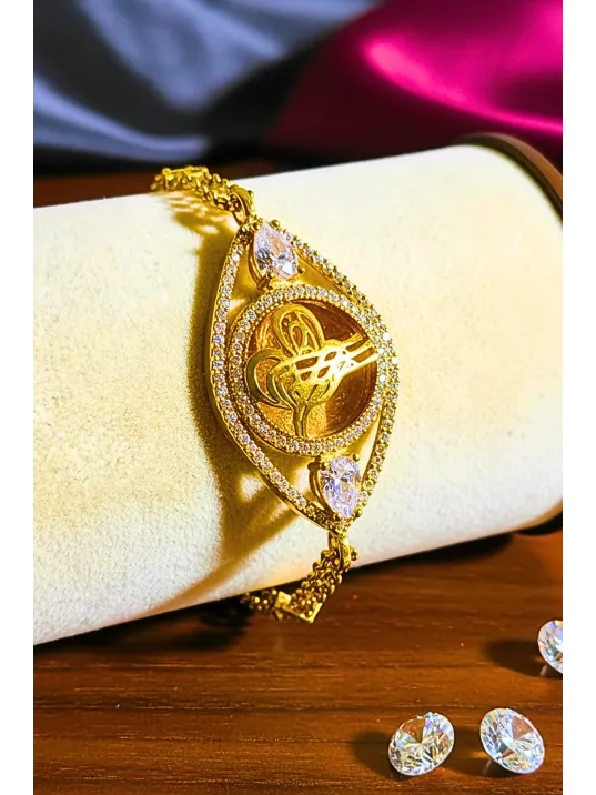 Kadın Gümüş Bileklik - Altın Kaplama Osmanlı Tuğrası Motifli Damla Model Zirkon Taşlı Bileklik