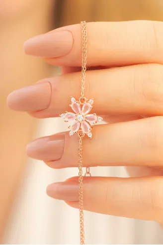Pembe Taşlı Çiçek Model Rose Kadın Gümüş Bileklik