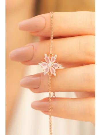 Pembe Taşlı Çiçek Model Rose Kadın Gümüş Bileklik